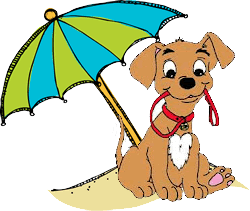 puppy sitting under a beach umbrella